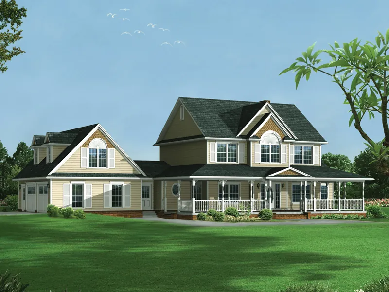Farmhouse Style Two-Story Hoouse Has Garage With Dormers On Side 