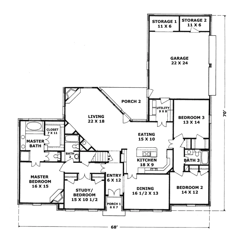 Southern House Plan First Floor - Middlebush Southern Home 069D-0070 - Shop House Plans and More