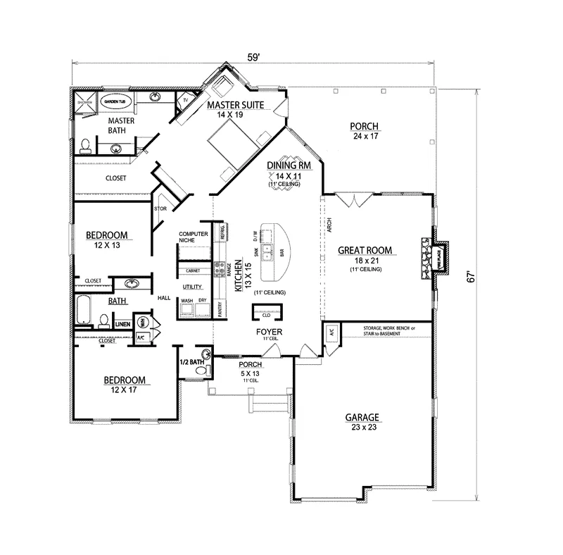 Ranch House Plan First Floor - Grace Heights Ranch Home 069D-0104 - Search House Plans and More