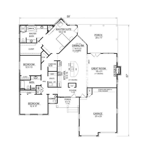 Ranch House Plan First Floor - Grace Heights Ranch Home 069D-0104 - Search House Plans and More