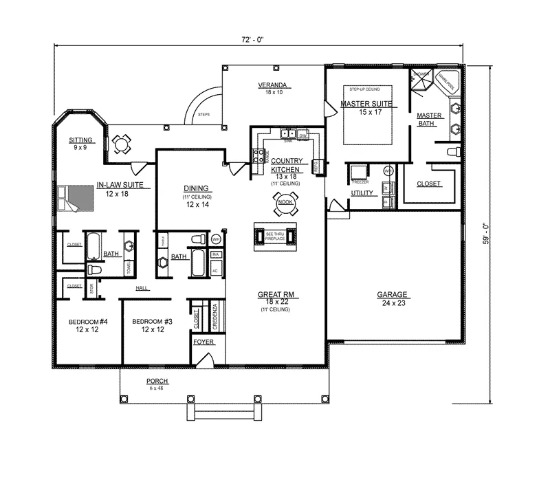 Traditional House Plan First Floor - Brody Country Ranch Home 069D-0122 - Search House Plans and More