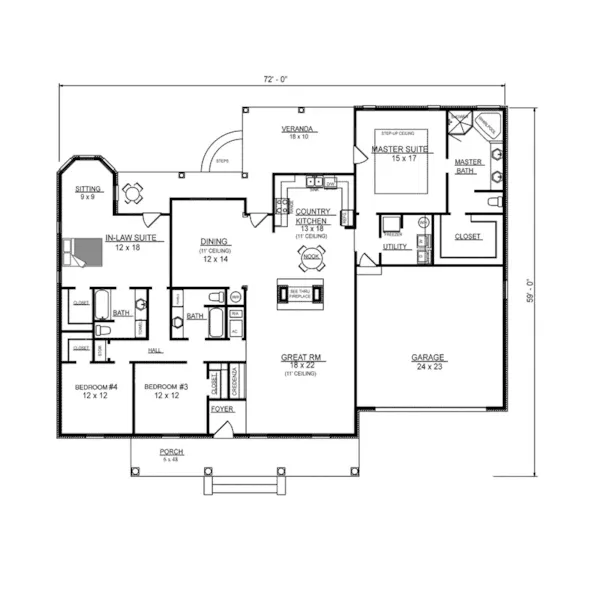 Traditional House Plan First Floor - Brody Country Ranch Home 069D-0122 - Search House Plans and More