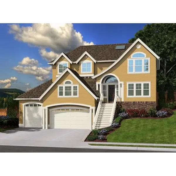 Multi-Level Home Design Has Arched European Style Front Entry