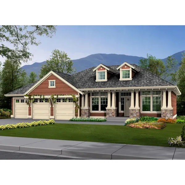 Craftsman House With Stone Accented Pillars