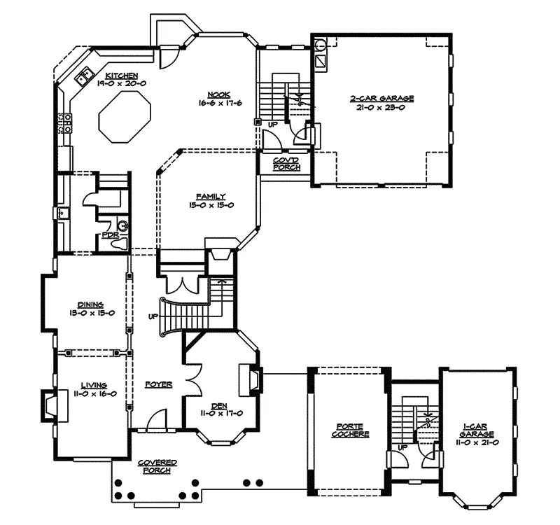 Craftsman House Plan First Floor - Porte Cochere House 071S-0027 | Modern Craftsman House Plan