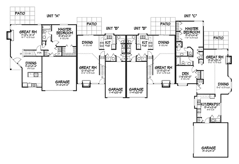 Ranch House Plan First Floor - Roclare Rustic Fourplex 072D-0141 - Shop House Plans and More