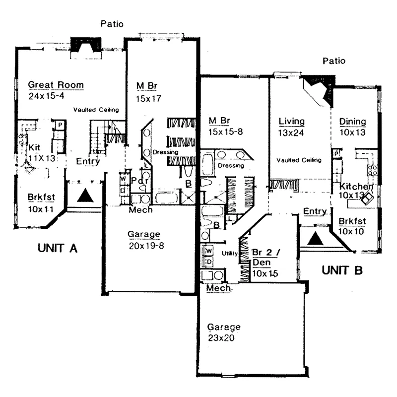 Multi-Family House Plan First Floor - Bevo Creek Rustic Duplex 072D-0162 - Search House Plans and More