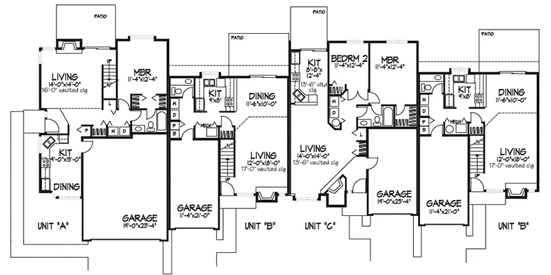 Multi-Family House Plan First Floor - Gainesway Rustic Fourplex 072D-0164 - Search House Plans and More