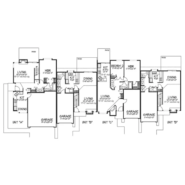 Contemporary House Plan First Floor - Gainesway Rustic Fourplex 072D-0164 - Search House Plans and More