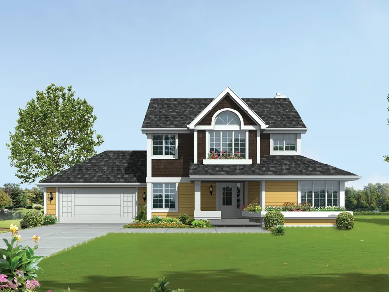 Farmhouse Style Two-Story Has Shingle Siding And Arched Window Above Door