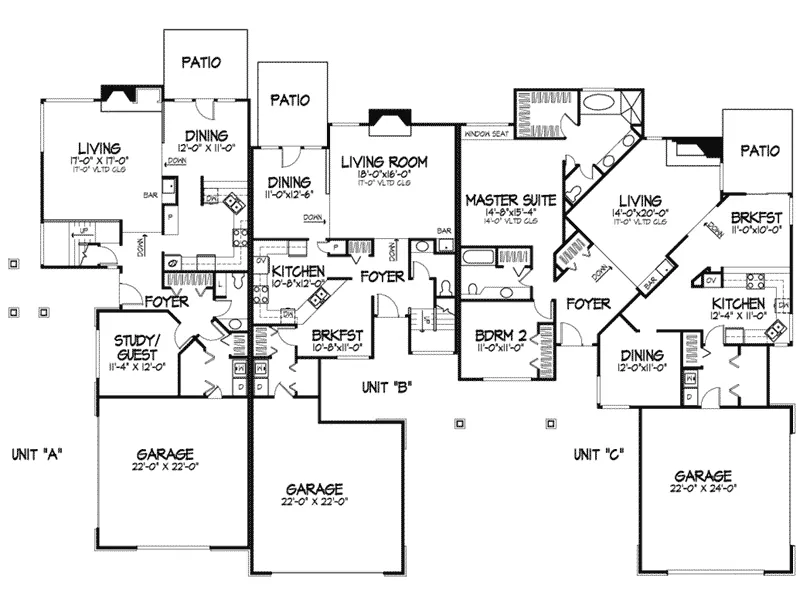 Shingle House Plan First Floor - Benbow Place Triplex 072D-0297 - Search House Plans and More