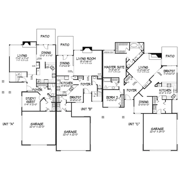 Craftsman House Plan First Floor - Benbow Place Triplex 072D-0297 - Search House Plans and More