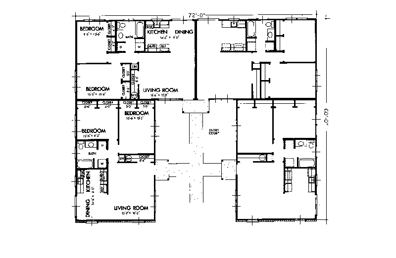 Multi-Family House Plan First Floor - Williston Park Ranch Fourplex 072D-0739 - Shop House Plans and More