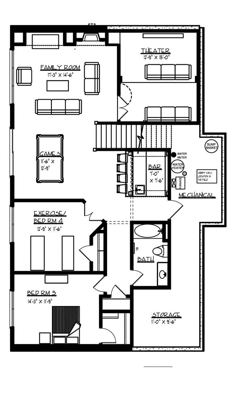 Craftsman House Plan Lower Level Floor - Oak Bridge Craftsman Home 072D-1112 - Shop House Plans and More