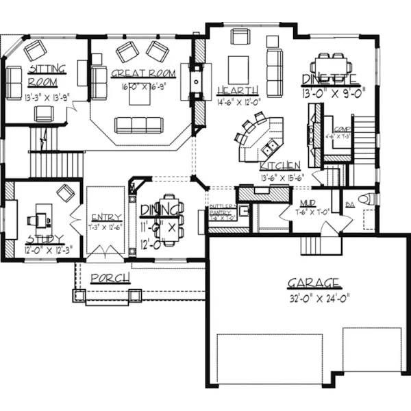 Traditional House Plan First Floor - Edsel Arts And Crafts Home 072S-0003 - Search House Plans and More