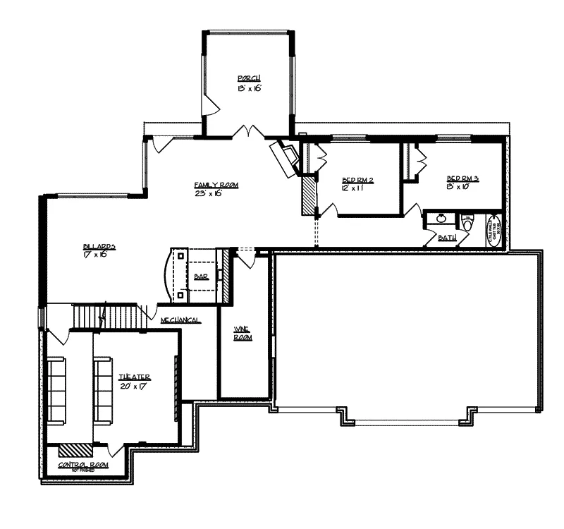 Colonial House Plan Lower Level Floor - Oaktimber Luxury Ranch House | Modern Ranch House Plan