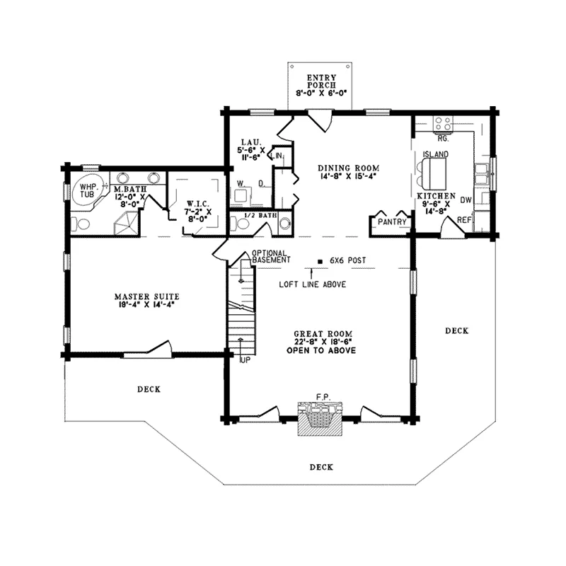 Log House Plan First Floor - Yukon Bay Rustic Cabin Home 073D-0012 - Shop House Plans and More