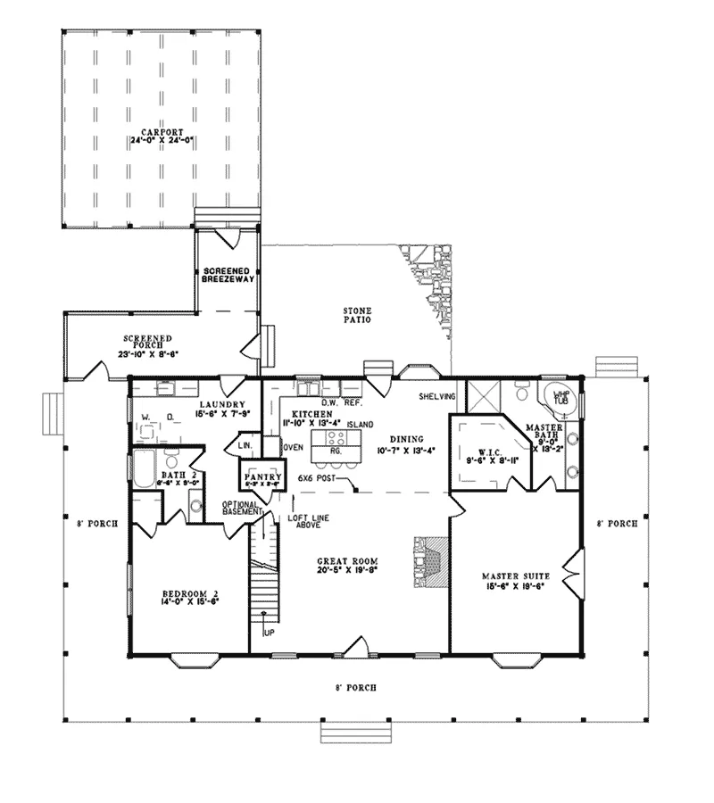 Southern House Plan First Floor - Squaw Harbor Log Home 073D-0014 - Shop House Plans and More