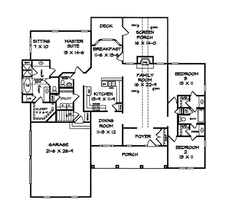 Colonial House Plan First Floor - Aitken Hill Ranch Home 076D-0027 - Search House Plans and More