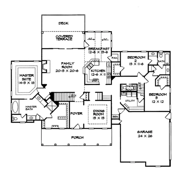 Ranch House Plan First Floor - Cave Hollow Country Home 076D-0135 - Search House Plans and More