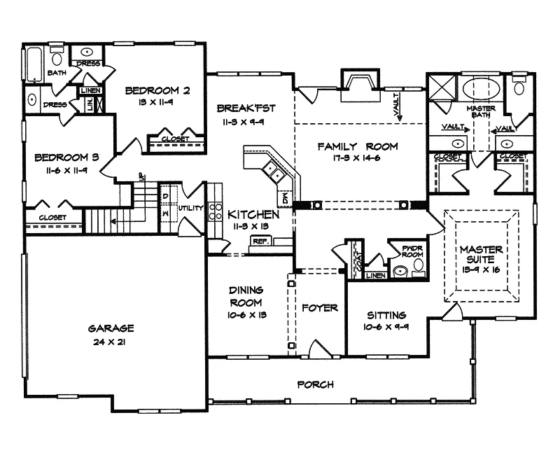 Traditional House Plan First Floor - Sabino Country Ranch Home 076D-0165 - Shop House Plans and More
