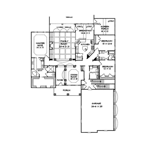 Arts & Crafts House Plan First Floor - Hidden Hill Craftsman Style Home 076D-0184 - Search House Plans and More