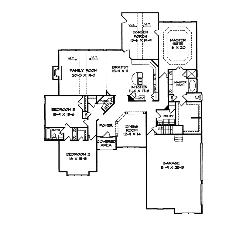 Ranch House Plan First Floor - Murine Shingle Country Home 076D-0191 - Shop House Plans and More