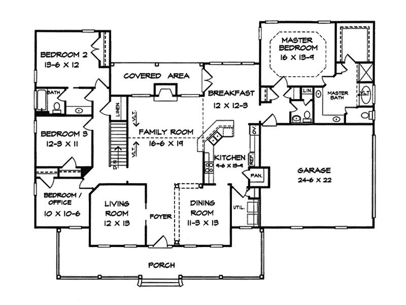 Ranch House Plan First Floor - Burgess Hill Country Ranch Home 076D-0195 - Search House Plans and More