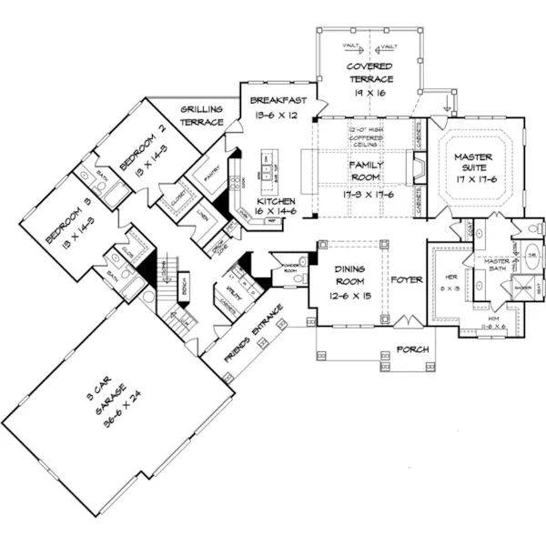 Craftsman House Plan First Floor - Burkley Park Rustic Home 076D-0211 - Search House Plans and More