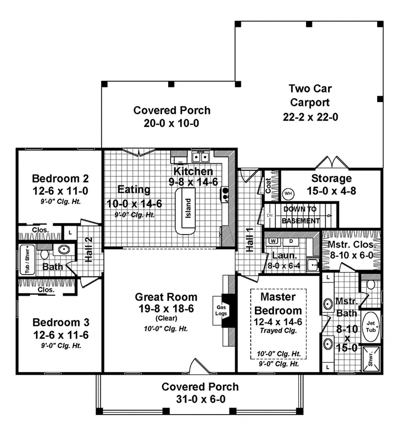 Southern House Plan First Floor - Greenridge Acadian Ranch Home 077D-0244 - Search House Plans and More