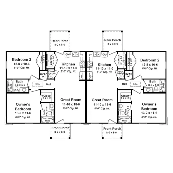 Southern House Plan First Floor - Shawnee Lane Duplex 077D-0306 - Shop House Plans and More