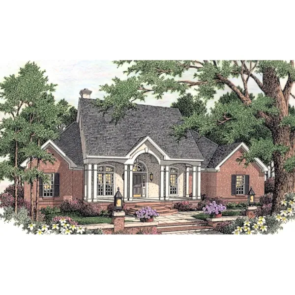 Home Has Dramatic Arched Front Entry On Covered Porch