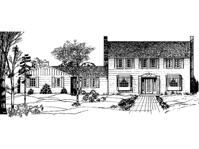 Symmetrical Colonial Two-Story House With Twin Chimneys
