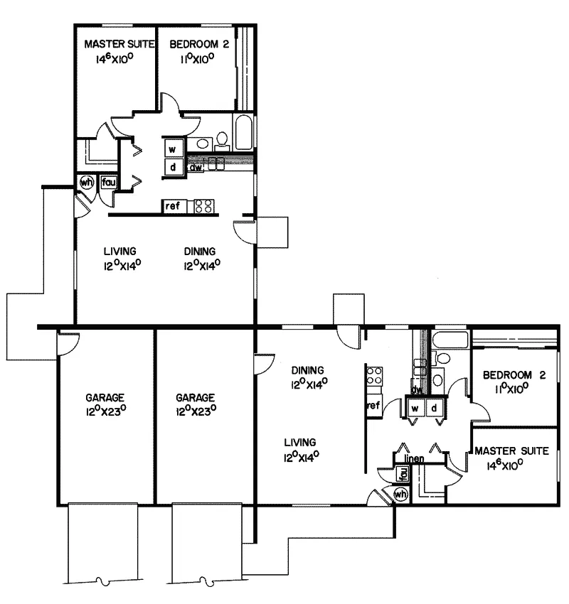 Multi-Family House Plan First Floor - Galway Place Duplex Ranch 085D-0077 - Search House Plans and More