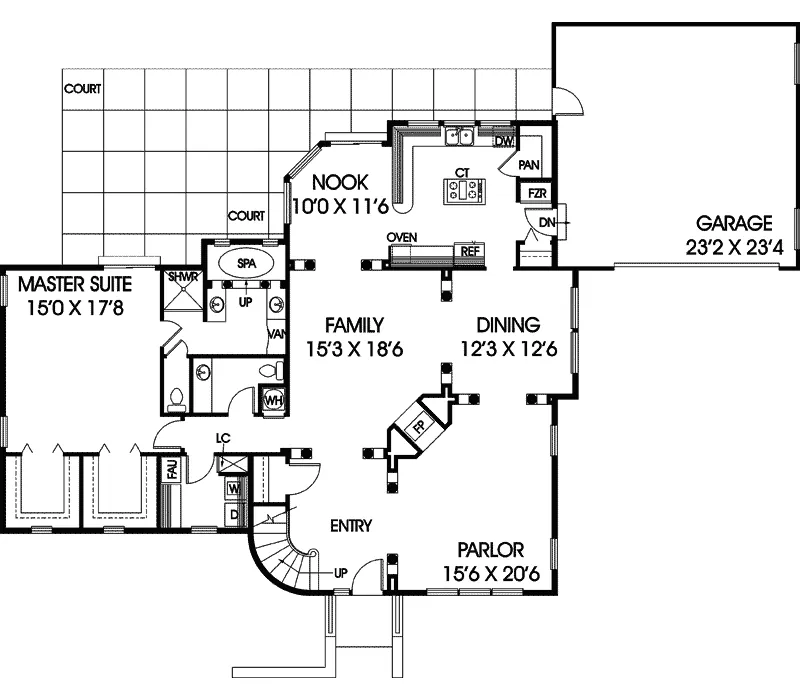 Contemporary House Plan First Floor - Columbia Cove Mediterranean Home 085D-0254 - Search House Plans and More