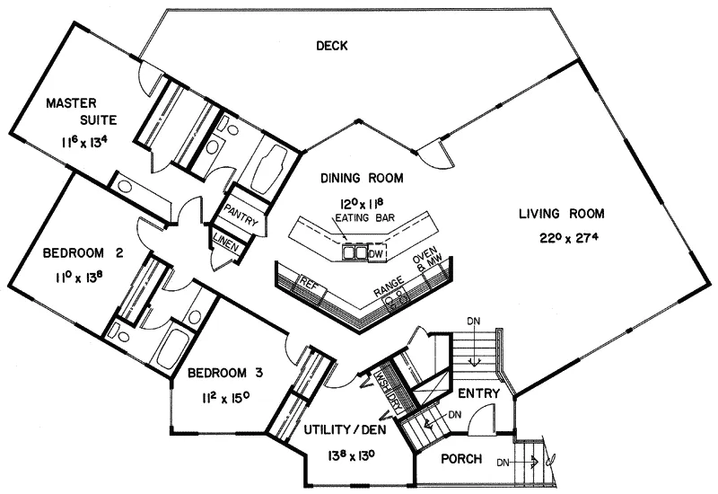 Ranch House Plan First Floor - Hall Shores Rustic Home 085D-0340 - Search House Plans and More