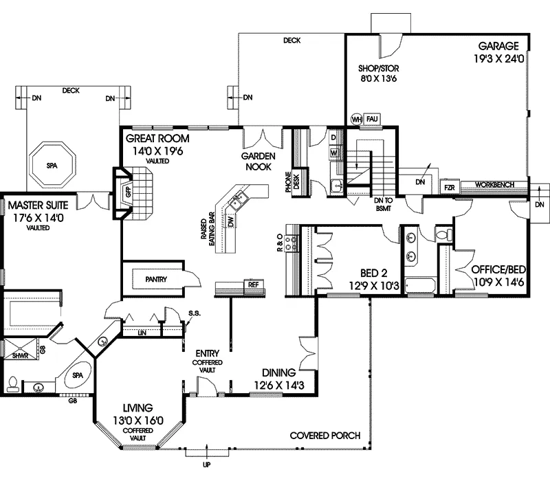 Acadian House Plan First Floor - Timberbridge Ranch Home 085D-0515 - Shop House Plans and More