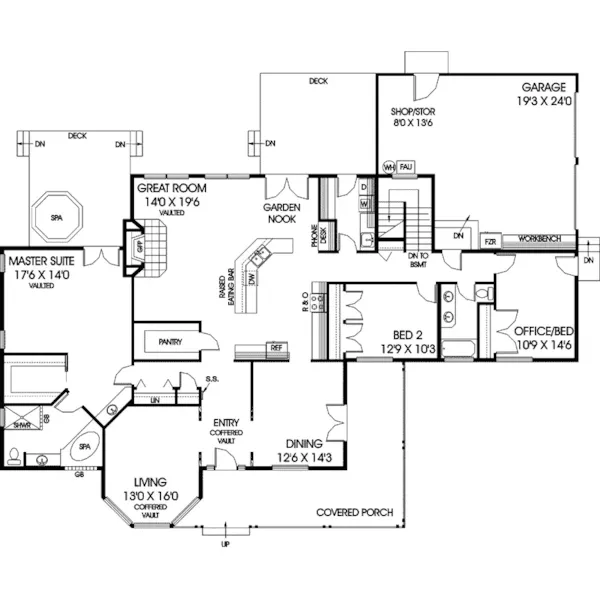 Acadian House Plan First Floor - Timberbridge Ranch Home 085D-0515 - Shop House Plans and More