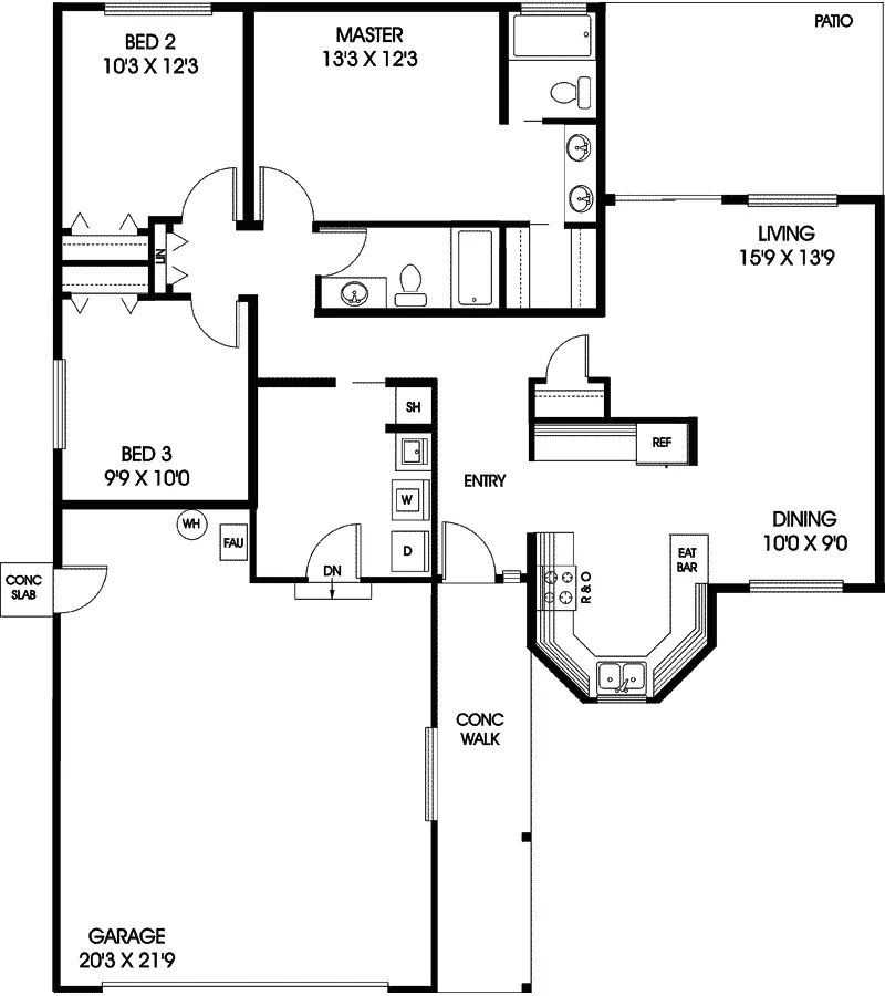 Contemporary House Plan First Floor - Kesteven Tudor Ranch Home 085D-0669 - Search House Plans and More