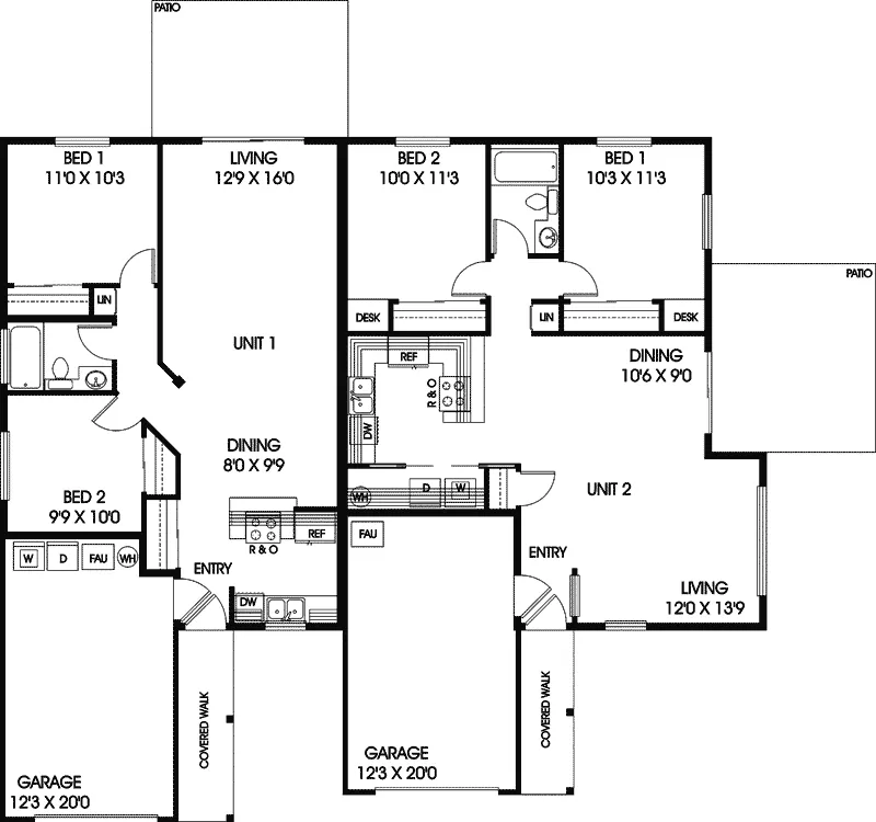 Country House Plan First Floor - Queen Acres Ranch Duplex 085D-0682 - Shop House Plans and More