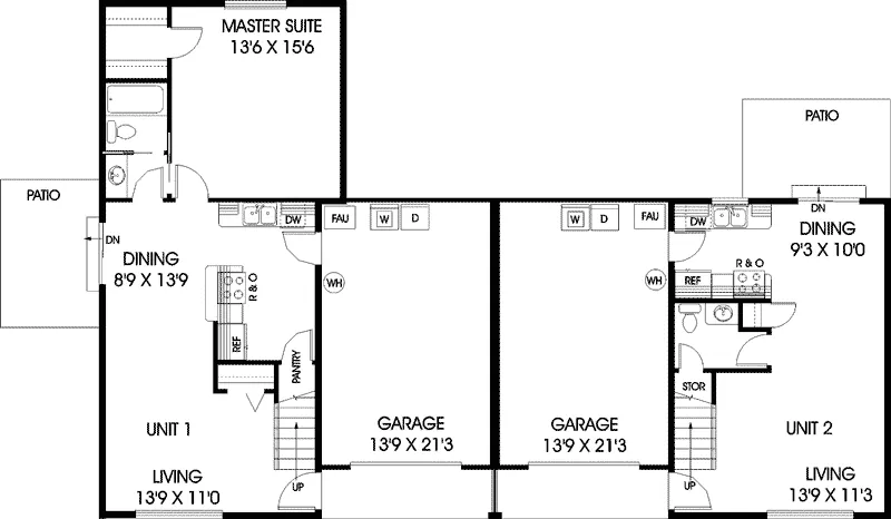 Contemporary House Plan First Floor - Sutters Mill Duplex 085D-0735 - Shop House Plans and More