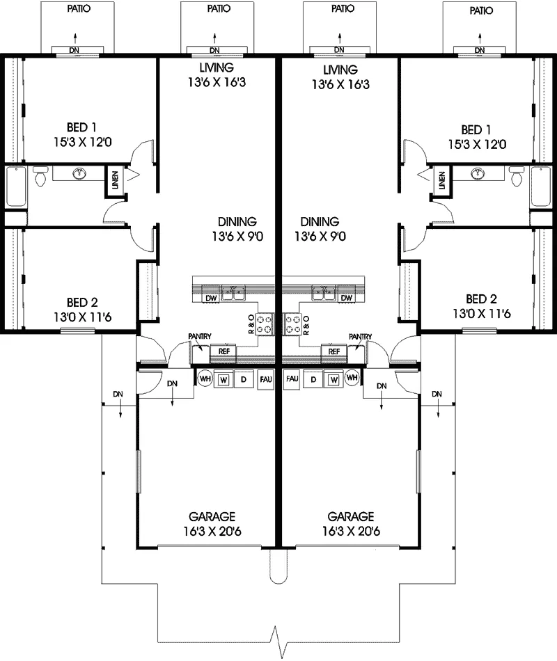 Ranch House Plan First Floor - Tree Hill Ranch Duplex Design Plan085D-0736 - Shop House Plans and More
