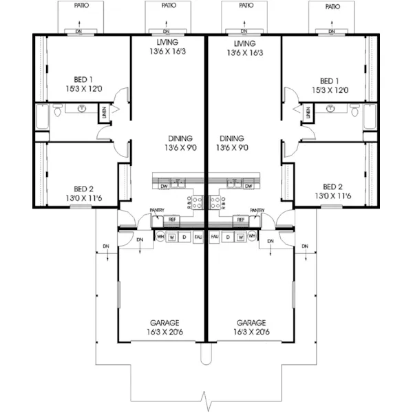 Ranch House Plan First Floor - Tree Hill Ranch Duplex Design Plan085D-0736 - Shop House Plans and More