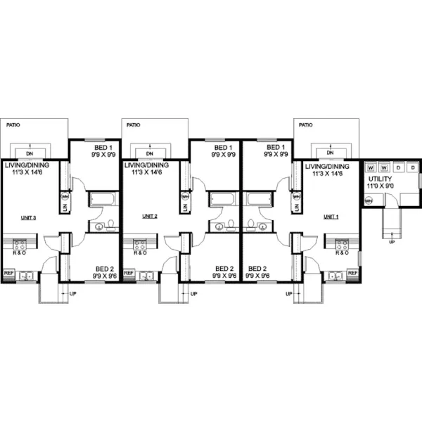 Multi-Family House Plan First Floor - Larkdale Triplex Ranch 085D-0752 - Shop House Plans and More