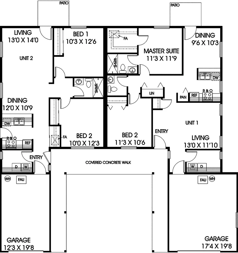 Ranch House Plan First Floor - Provencale Ranch Duplex 085D-0936 - Shop House Plans and More