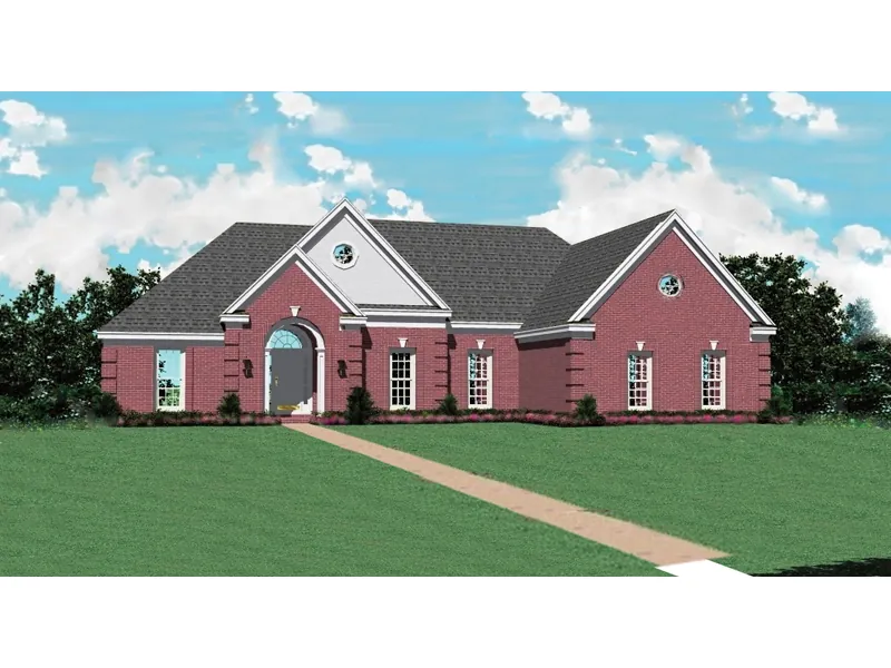 Traditional Brick Ranch Home With Multiple Gables Across The Front