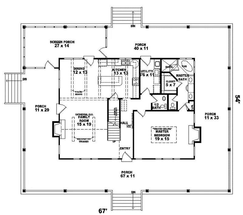 Southern House Plan First Floor - Hunters Glen Acadian Home 087D-0298 - Search House Plans and More