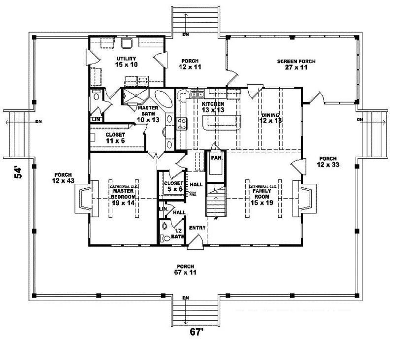 Lake House Plan First Floor - Chambersburg Mill Acadian Home 087D-0389 - Search House Plans and More