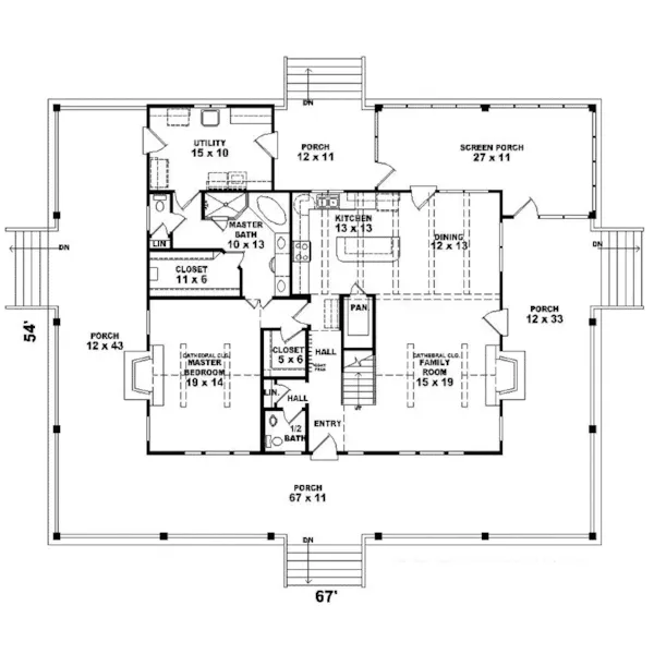 Waterfront House Plan First Floor - Chambersburg Mill Acadian Home 087D-0389 - Search House Plans and More