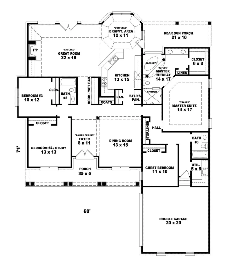 Colonial House Plan First Floor - Hidden Creek Country Ranch Home 087D-0499 - Search House Plans and More